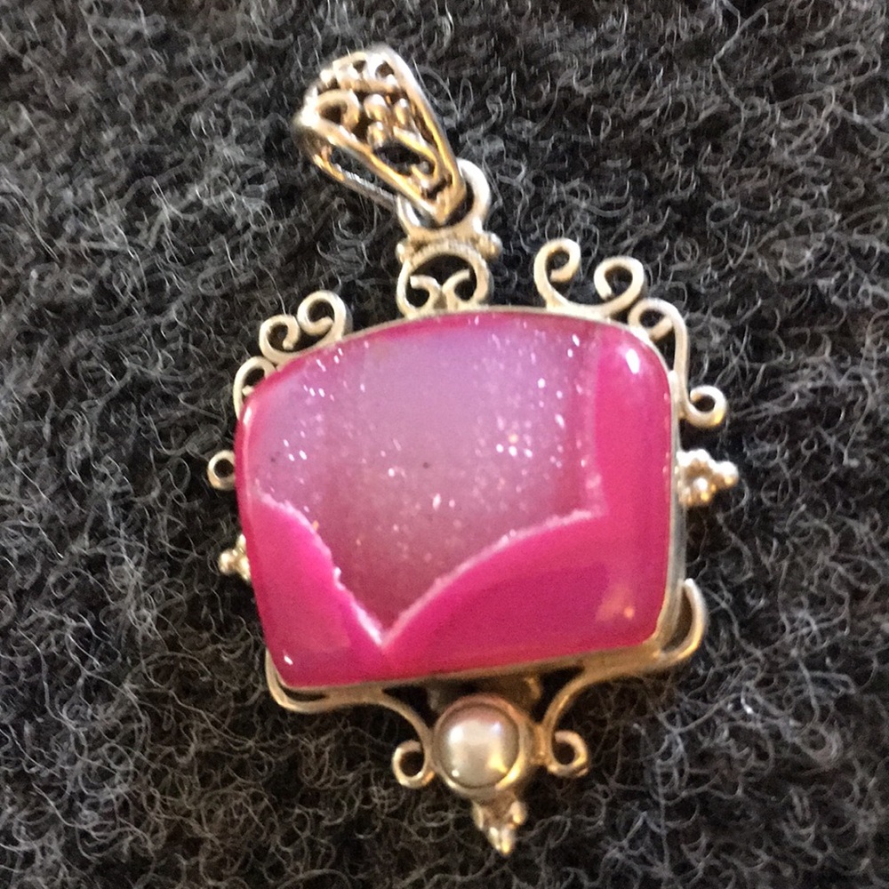 Pink Druzy Pearl 925 Silver Pendant